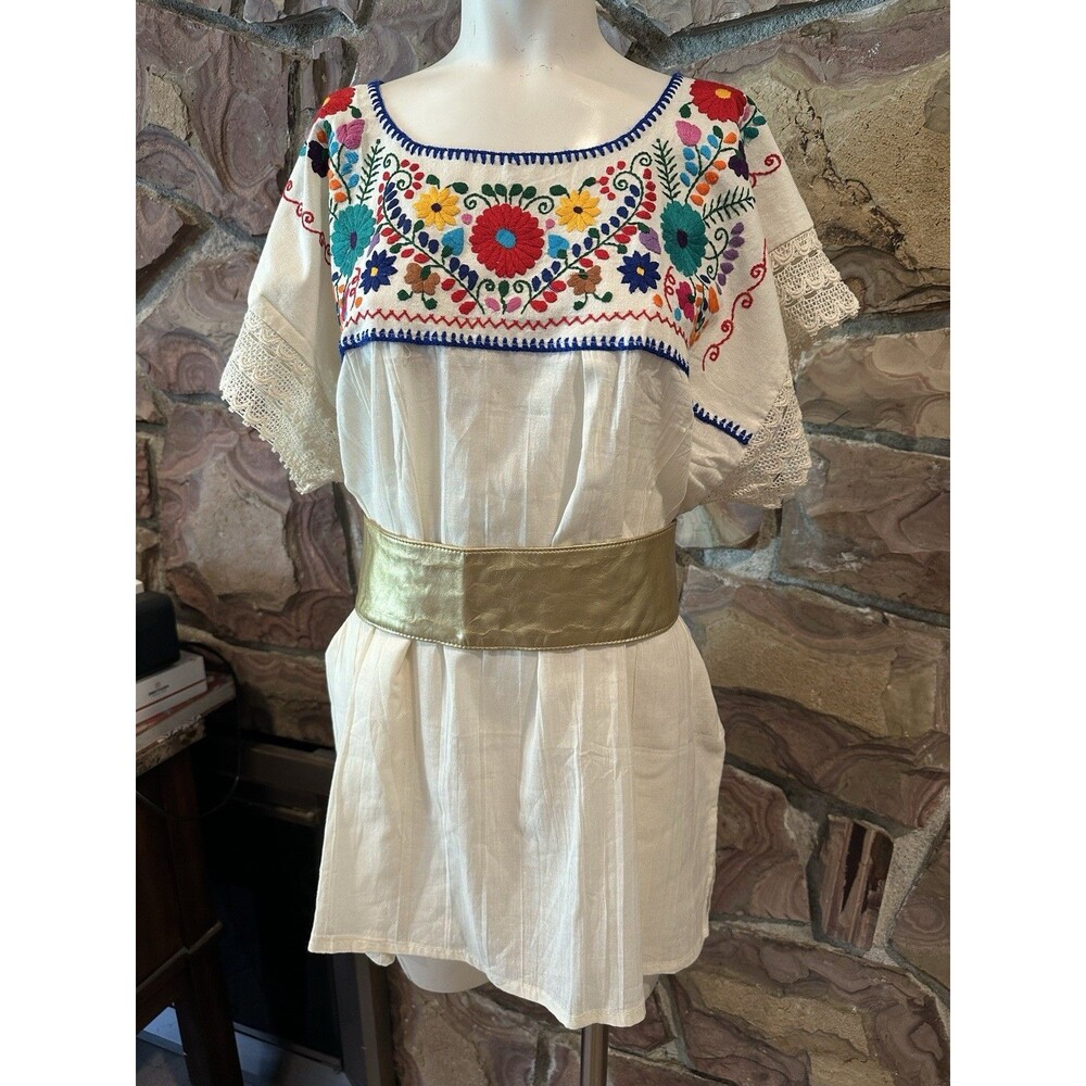 Mexican XL Top Boho Floral Embroidered Peasant Gauze Cottagecore